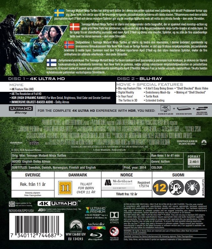 Teenage Mutant Ninja Turtles 4k UHD Blu-ray. Atmos Digital code